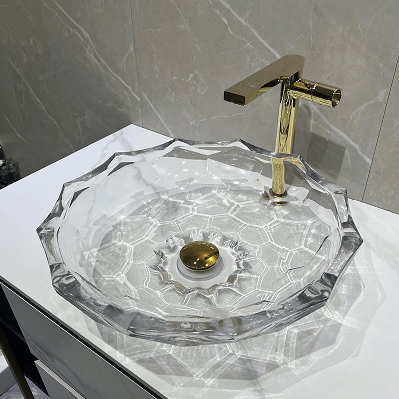 Top angle of the crystal lotus shaped tempered glass sink showcasing the faceted rim and transparency