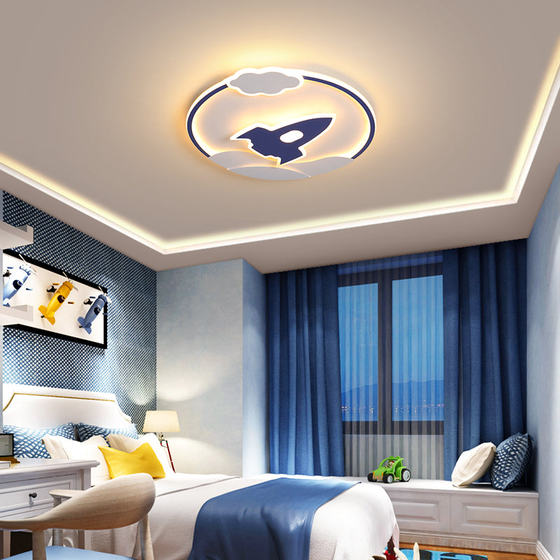 Galaxy Explorer Blue Flush Mount Light installed in a nursery, adding a whimsical touch.