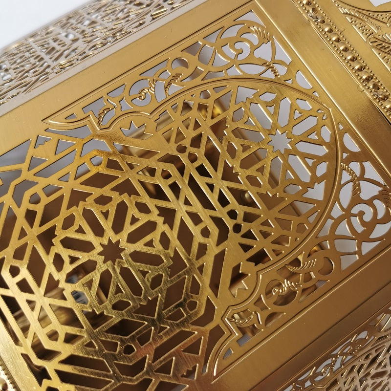 The Moroccan lamp illuminating a stylish dining room, highlighting its warm glow.