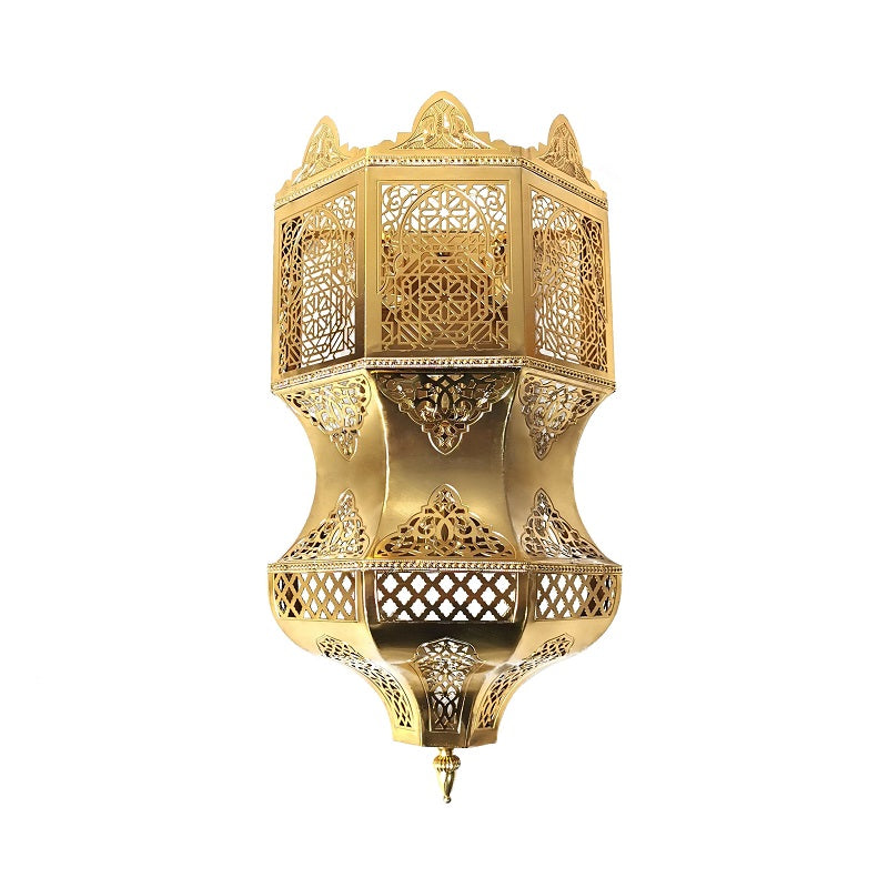 Close-up of the Majestic Moroccan wall sconce showcasing its intricate hand-pierced design.