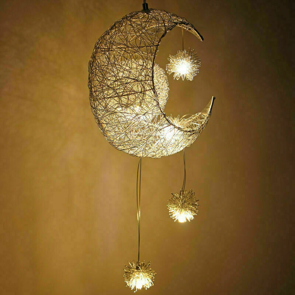 Close-up of the silver lampshade on the Starlight Crescent Moon LED Pendant Lamp.