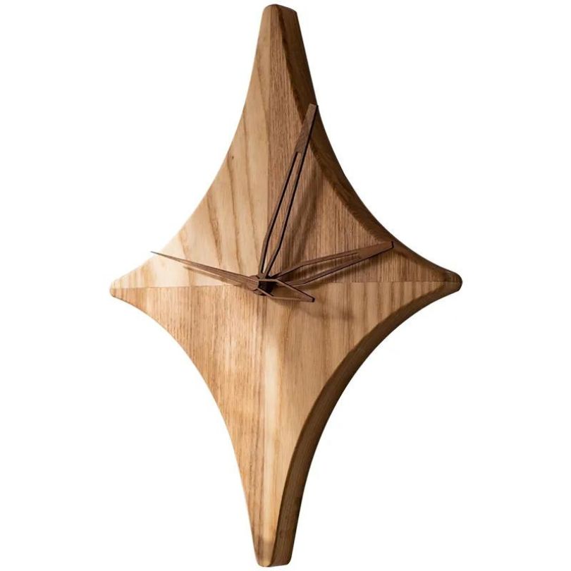 Front view of the rustic star wooden wall clock showcasing its unique design.