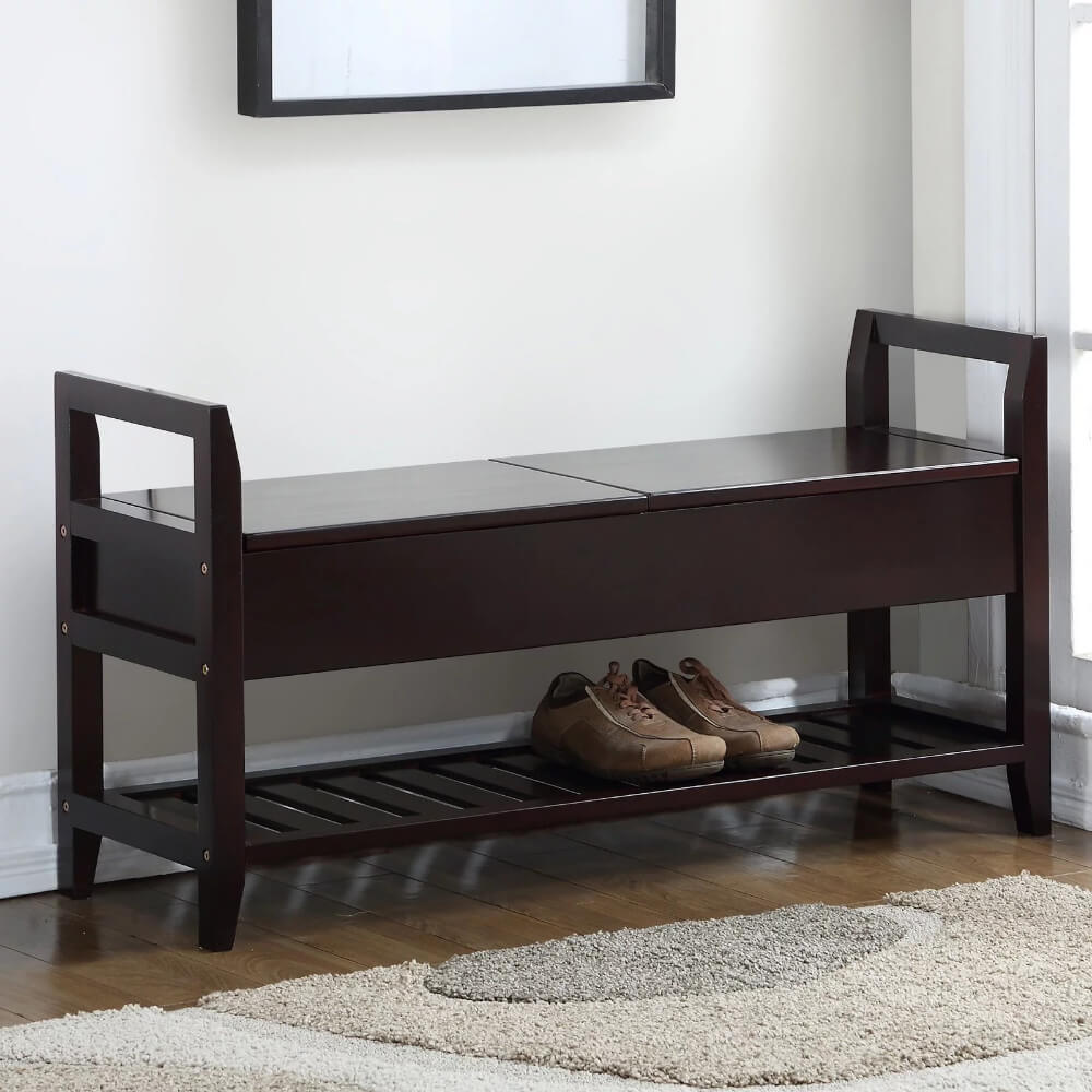 Espresso storage shoe bench with flip-top lid and cushion, ideal for entryways
