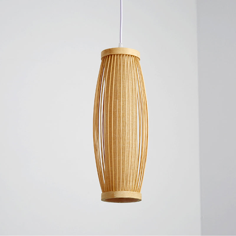 Close-up of the bamboo lamp showcasing its intricate handwoven design.