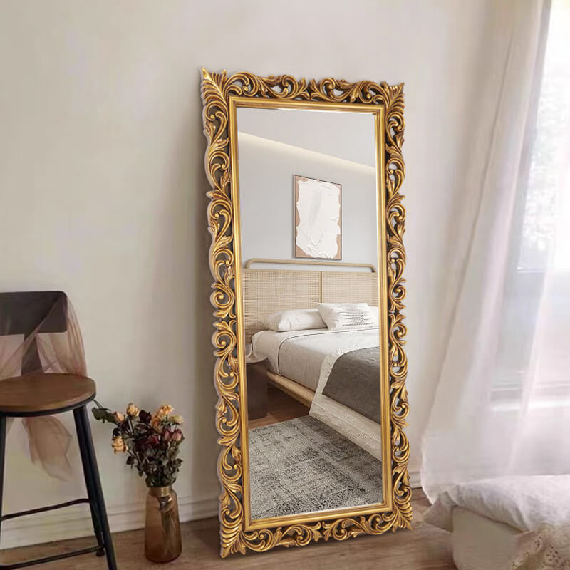 Close-up view of the ornate details on the Victorian decorative full body mirror, highlighting its craftsmanship.