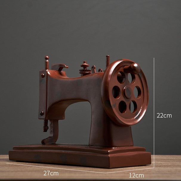 Vintage sewing machine decor placed in a beautifully styled sewing room.