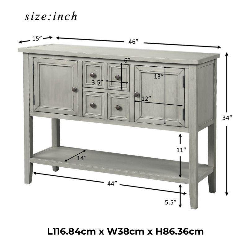 Antique Gray Vintage Buffet Table with Storage Shelf - Image 5