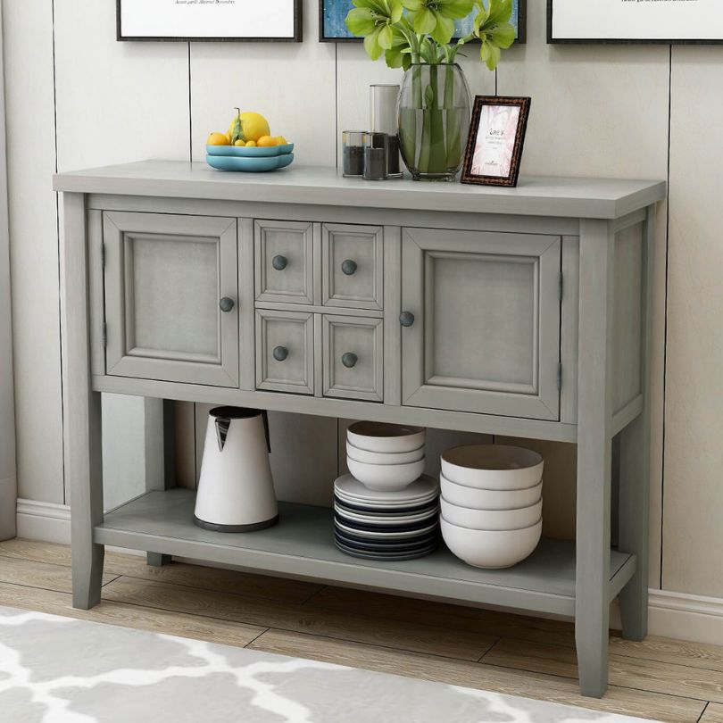 Antique Gray Vintage Buffet Table with Storage Shelf - Image 2