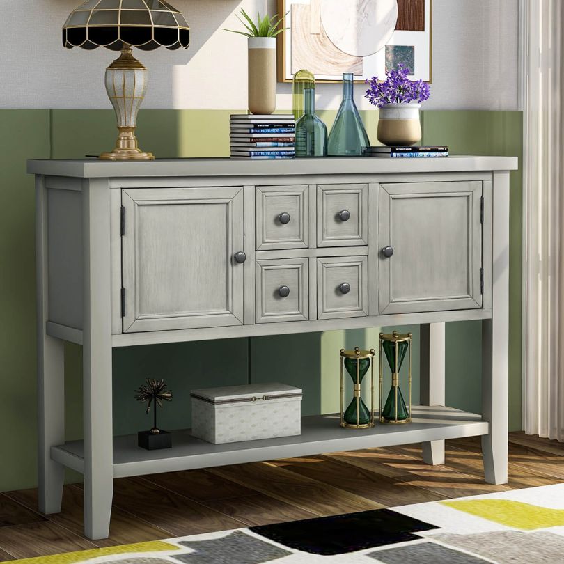 Antique Gray Vintage Buffet Table with Storage Shelf - Image 4