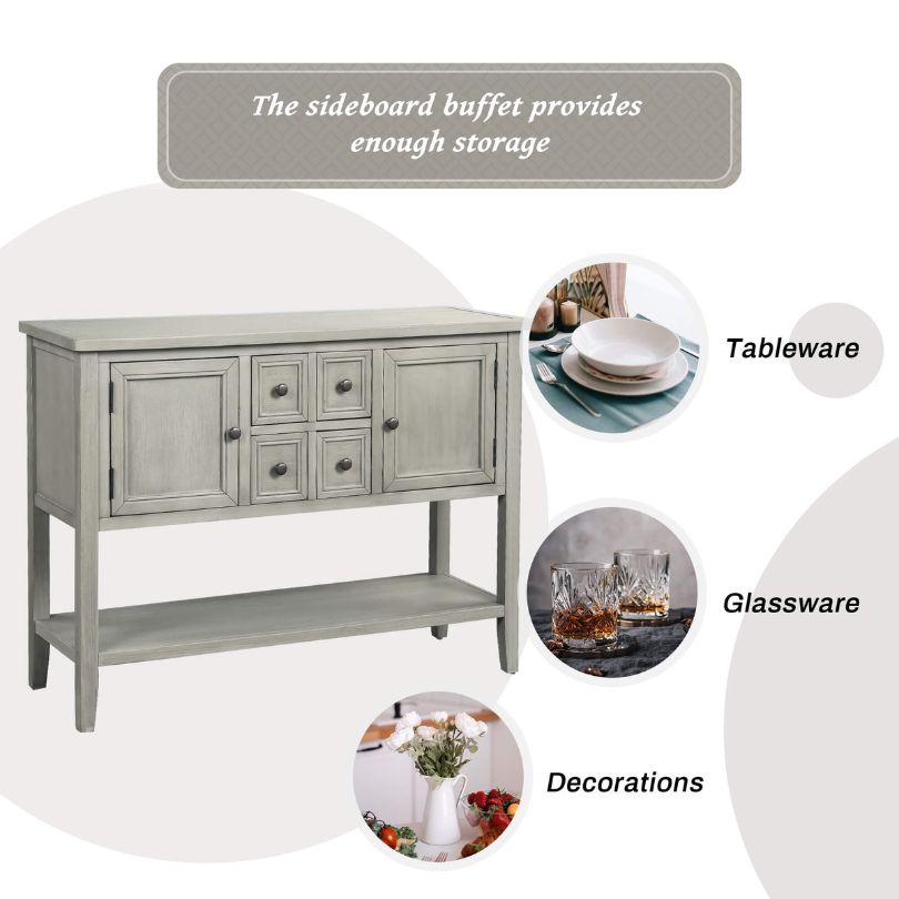 Antique Gray Vintage Buffet Table with Storage Shelf - Image 3