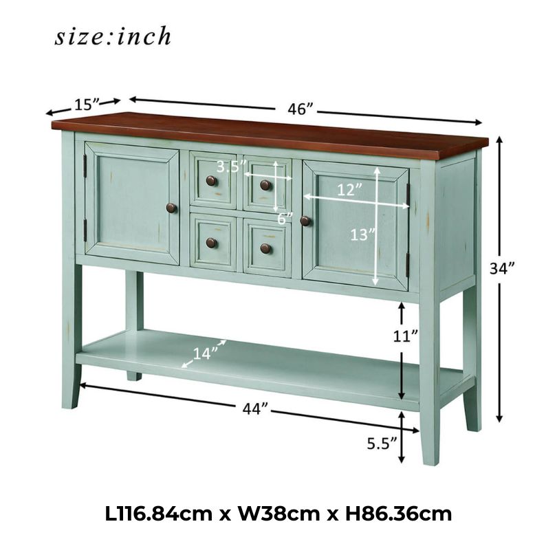Front view of the charming blue vintage buffet table showcasing its vibrant finish.