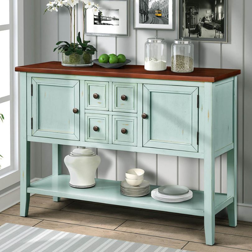 Side view of the blue buffet table displaying its elegant design and sturdy solid wood construction.