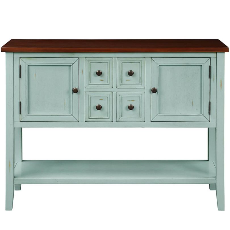 Close-up of the bottom shelf of the vintage solid wood entryway table, highlighting its storage capacity.
