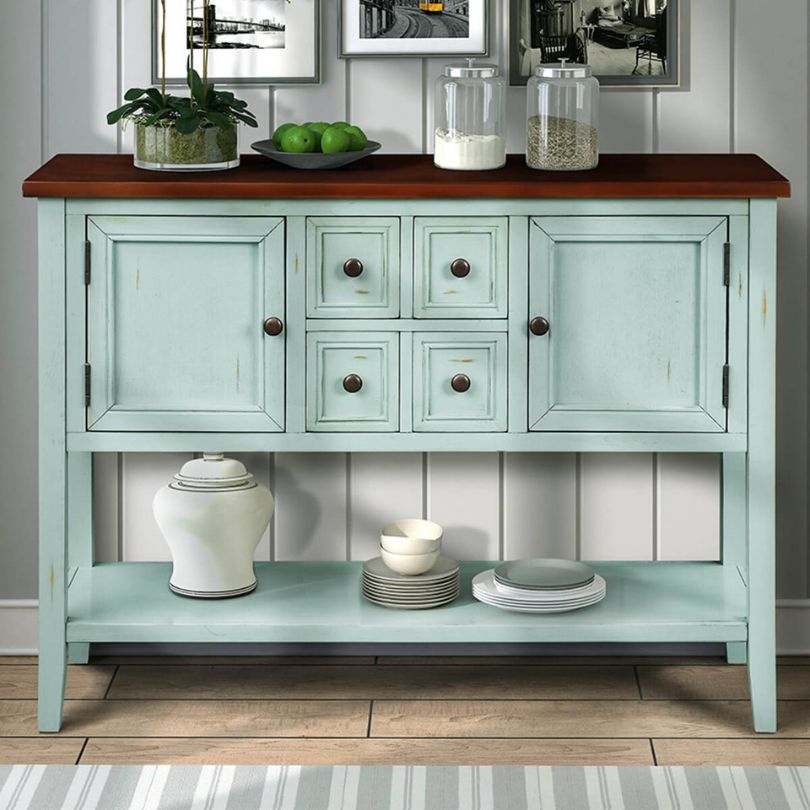 Front view of the charming blue vintage buffet table showcasing its vibrant finish.