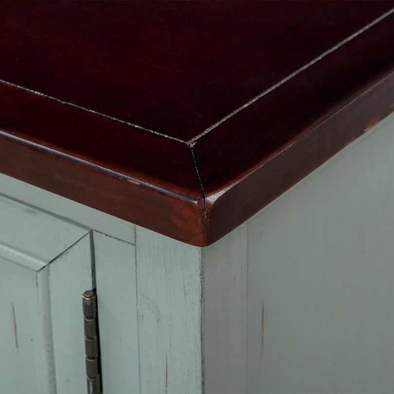 Side view of the blue buffet table displaying its elegant design and sturdy solid wood construction.