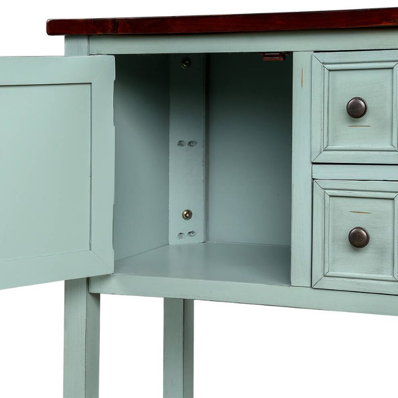 Front view of the charming blue vintage buffet table showcasing its vibrant finish.