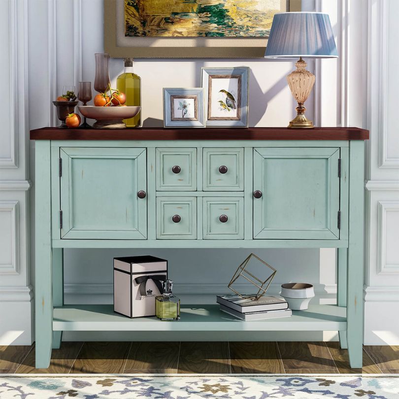 Front view of the charming blue vintage buffet table showcasing its vibrant finish.