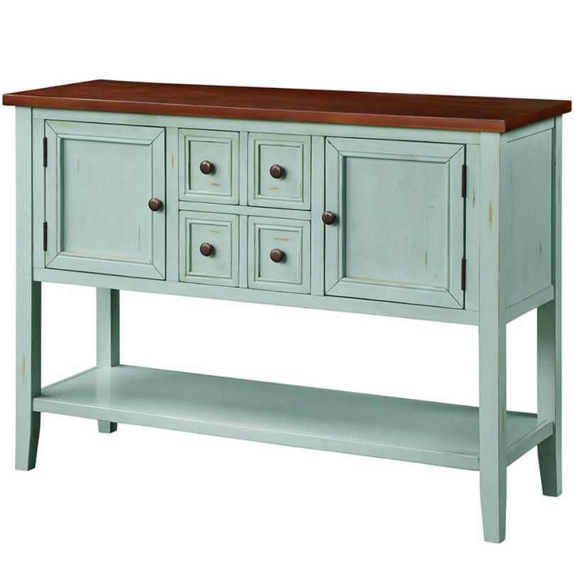 Side view of the blue buffet table displaying its elegant design and sturdy solid wood construction.