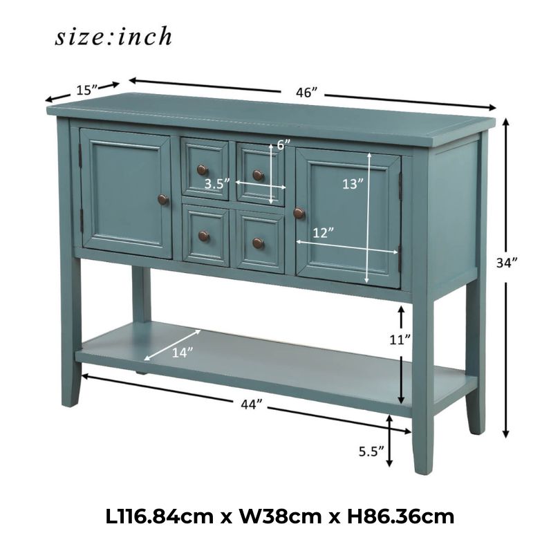 Elegant dark blue vintage solid wood entryway table showcasing its stylish design and ample storage options.