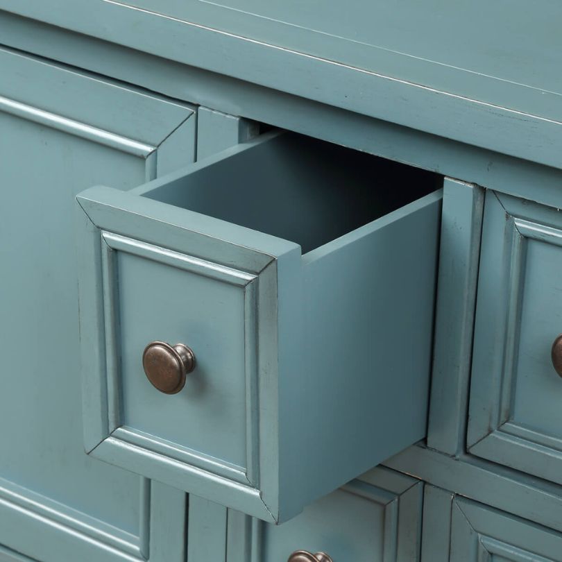 Elegant dark blue vintage solid wood entryway table showcasing its stylish design and ample storage options.