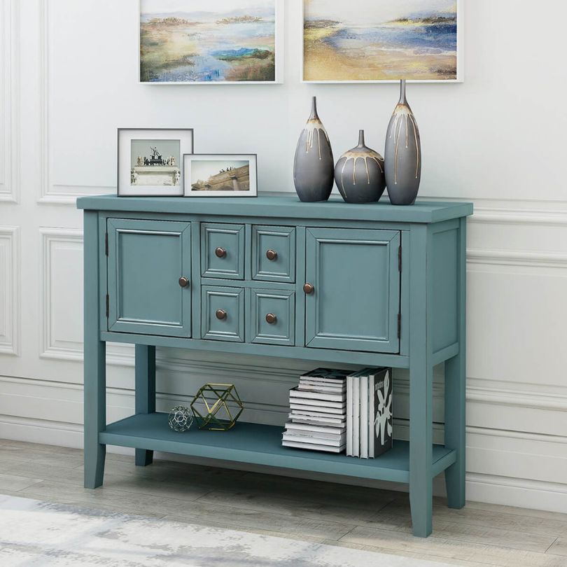 Side view of the vintage solid wood entryway table, highlighting the dark blue finish and bottom shelf.