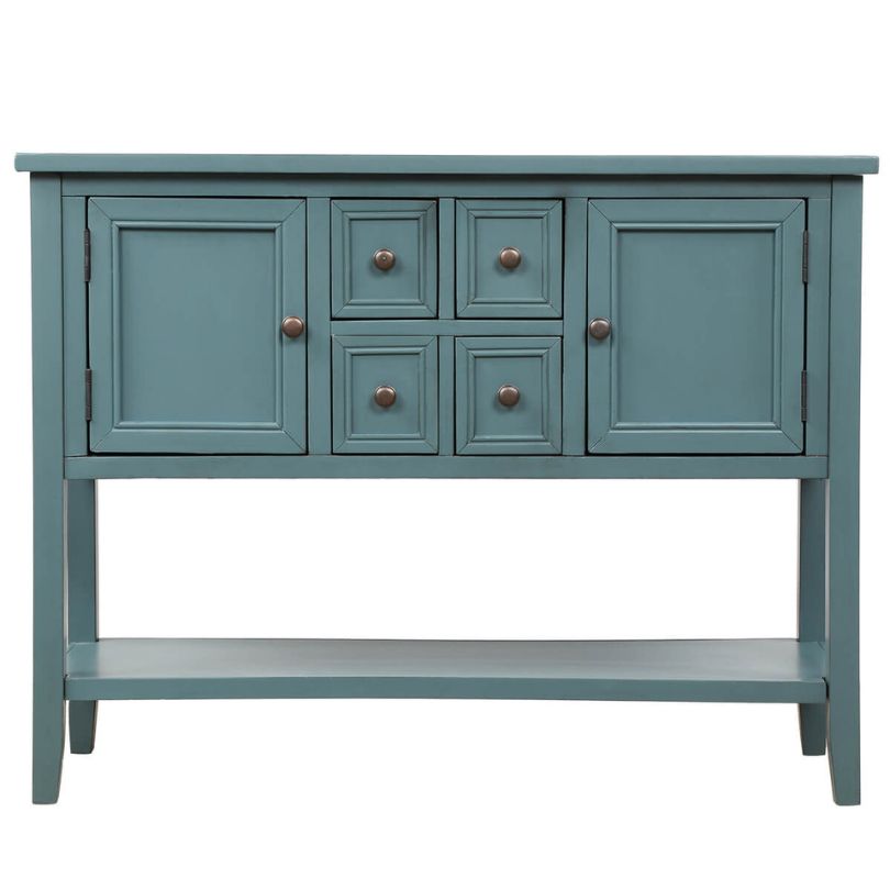 Side view of the vintage solid wood entryway table, highlighting the dark blue finish and bottom shelf.