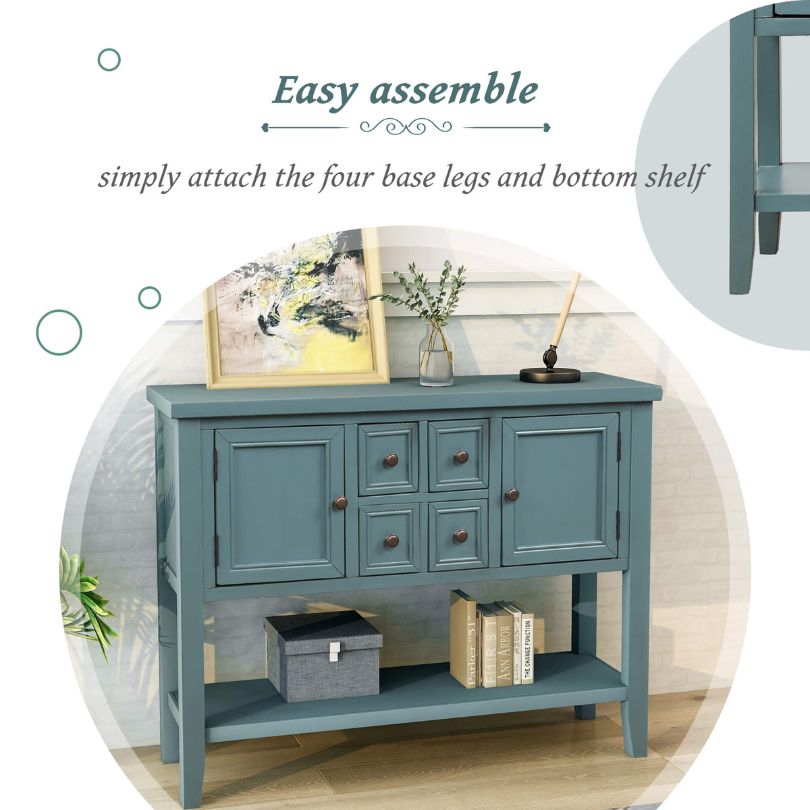 Elegant dark blue vintage solid wood entryway table showcasing its stylish design and ample storage options.