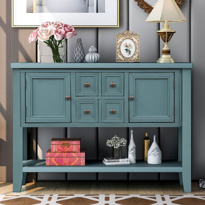 Elegant dark blue vintage solid wood entryway table showcasing its stylish design and ample storage options.