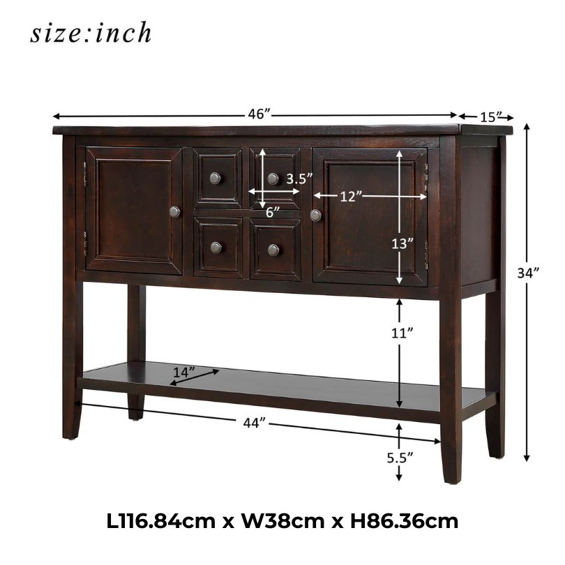 Elegant vintage buffet table showcasing intricate woodwork and dark brown finish.