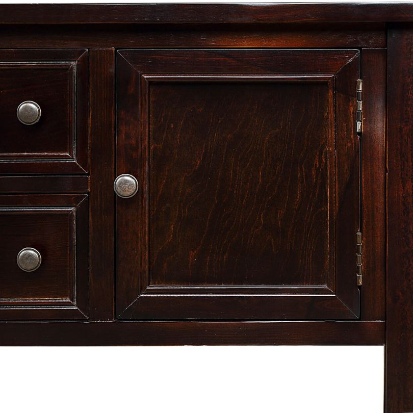 Dark brown entryway table featuring spacious drawers and shelves for practical use.