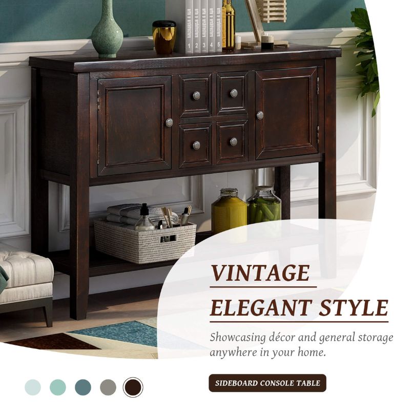 Dark brown entryway table featuring spacious drawers and shelves for practical use.
