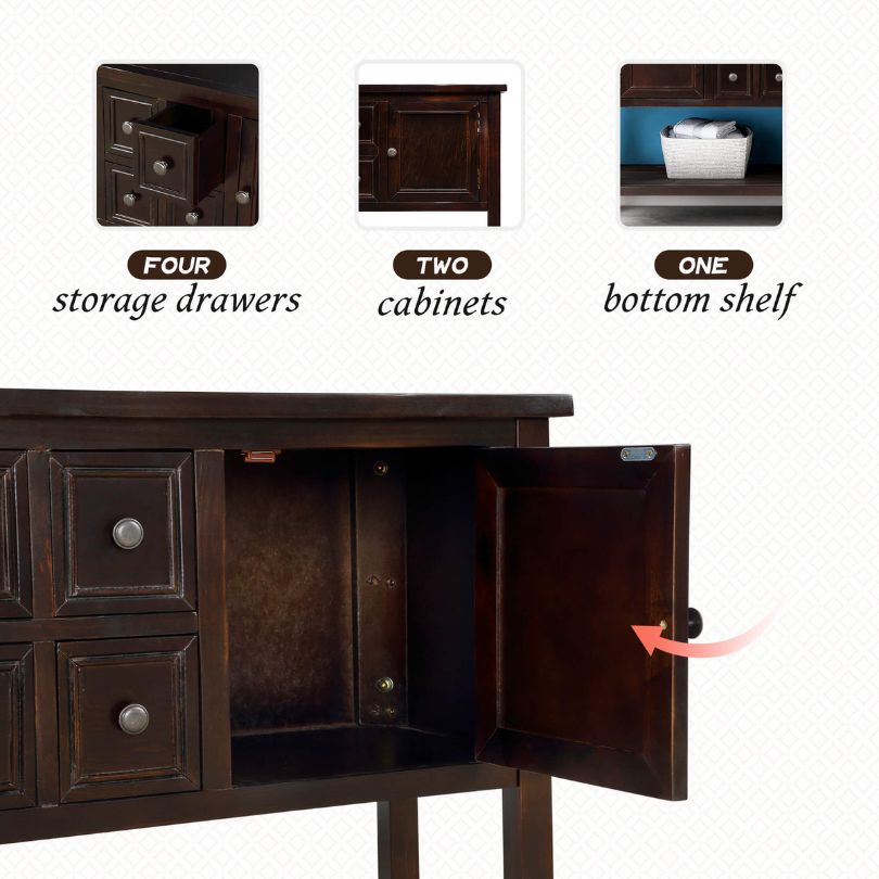 Entryway table with storage options, beautifully displaying decor and functional design.