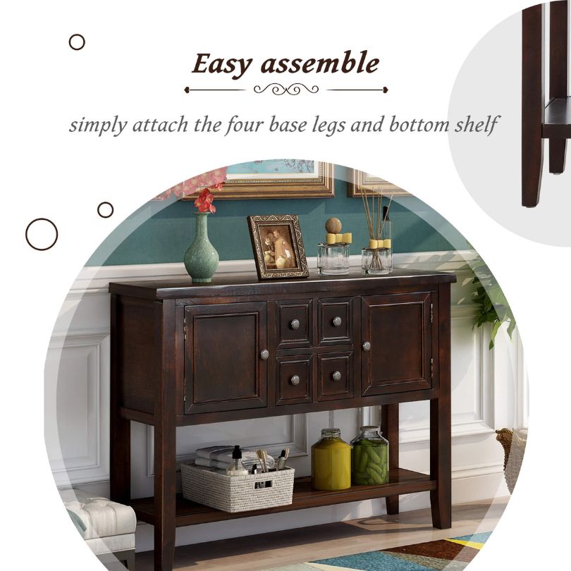 Elegant vintage buffet table showcasing intricate woodwork and dark brown finish.