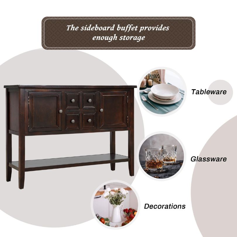Dark brown entryway table featuring spacious drawers and shelves for practical use.