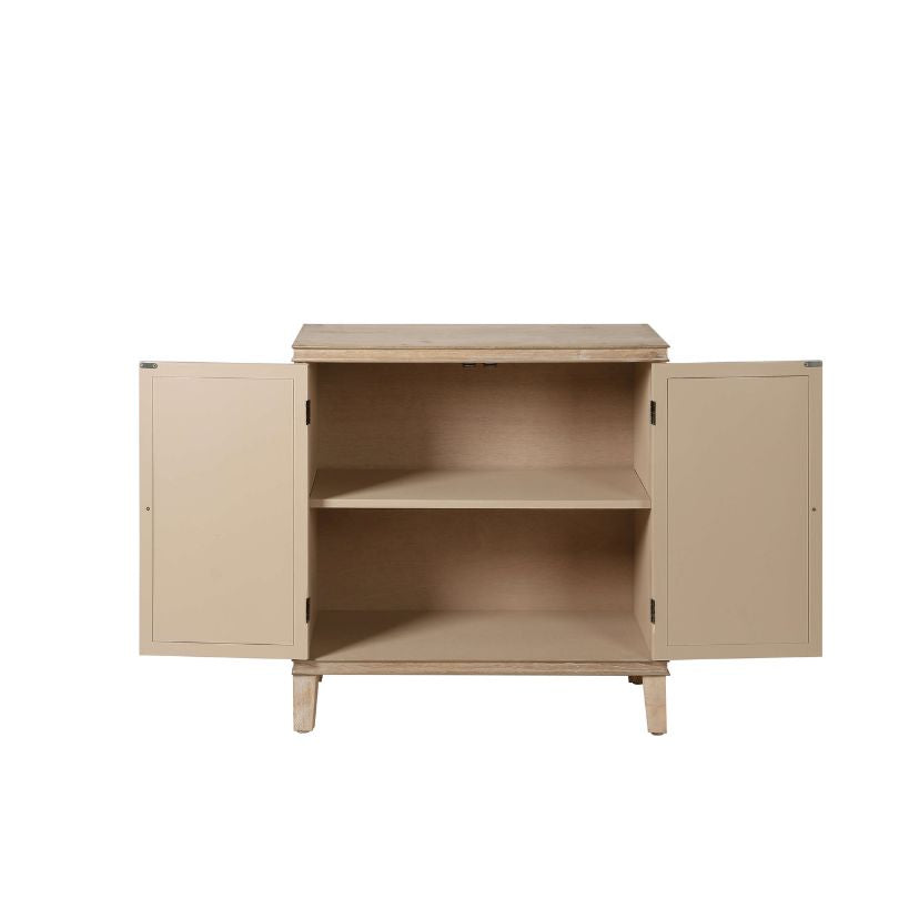 Close-up of the mirrored doors on the Elegant Wood Sideboard, reflecting light and enhancing room elegance.