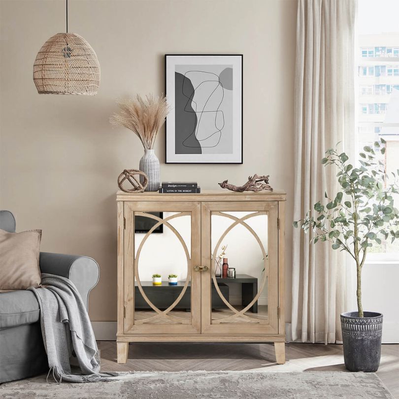Close-up of the mirrored doors on the Elegant Wood Sideboard, reflecting light and enhancing room elegance.