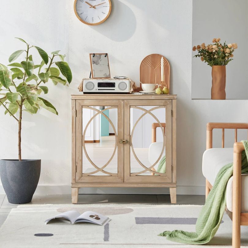 Side angle of the Vintage Wood Sideboard displaying its natural wood finish and spacious interior.