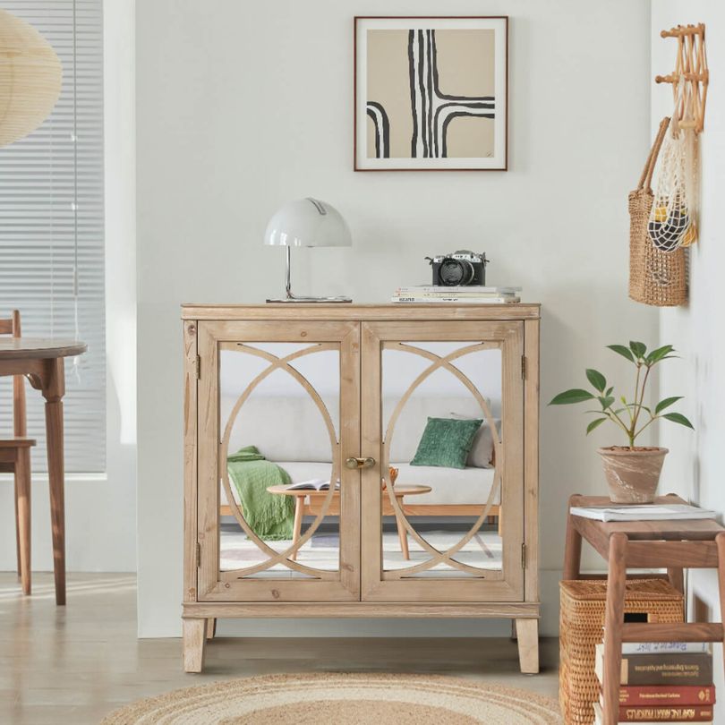 Front view of the Elegant Vintage Wood Sideboard Cabinet showcasing mirrored doors.