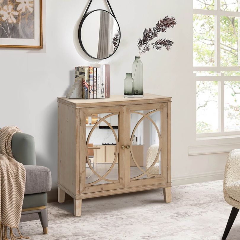 Front view of the Elegant Vintage Wood Sideboard Cabinet showcasing mirrored doors.