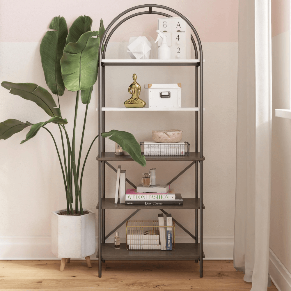 Vivienne 5-shelf bookcase in gray oak showing side view with open shelves