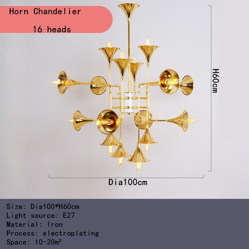 Side view of the Nordic Brass Horn LED Chandelier showcasing its unique horn-inspired design.