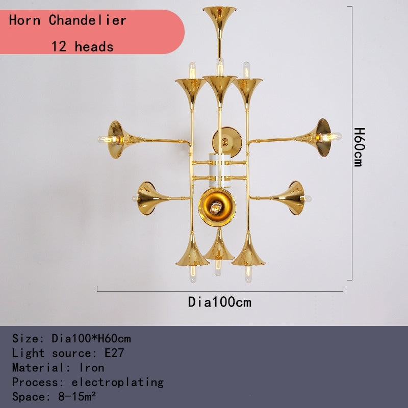 Nordic Brass Horn LED Chandelier installed in a modern living room, enhancing the decor.