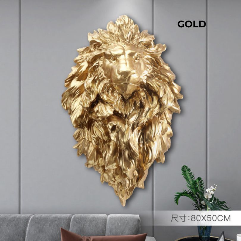 Close-up view of the luxury lion head wall decor showcasing intricate resin details.