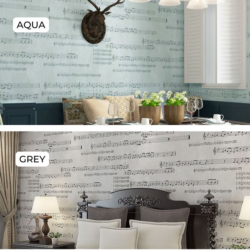 A beautifully decorated living room featuring the music note wallpaper, creating an artistic atmosphere.
