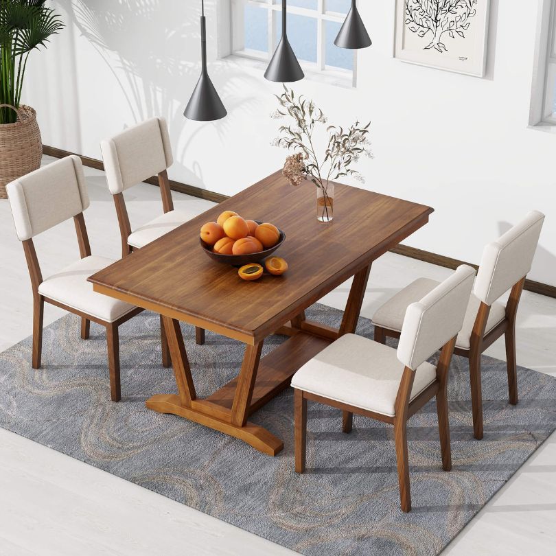 Elegant Walnut Dining Set with Trestle Table and 4 Chairs - Image 4