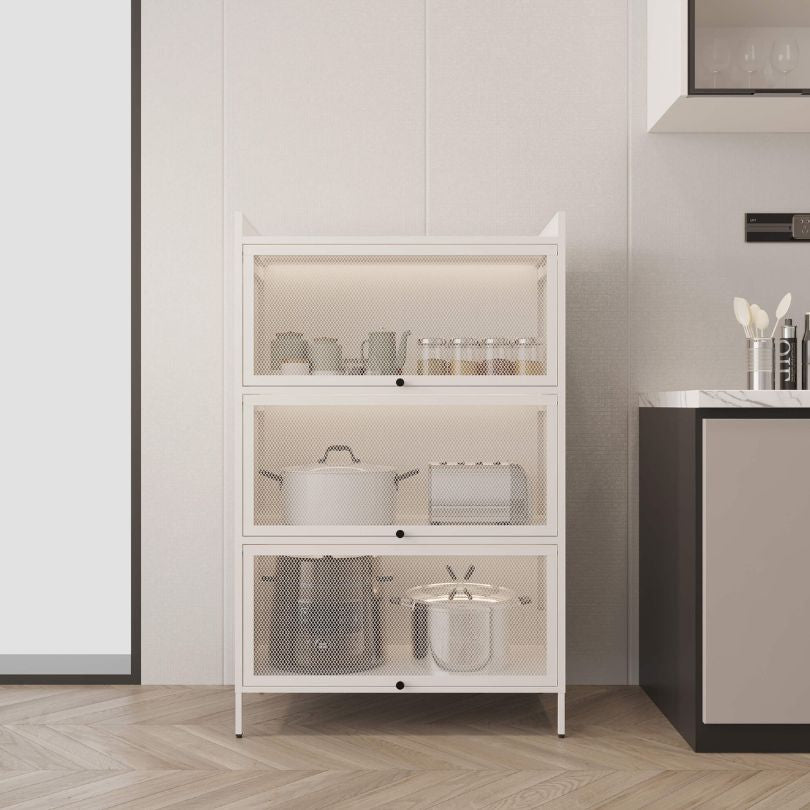 Elegant White Buffet Cabinet showcasing mesh doors and modern design from an angled view.