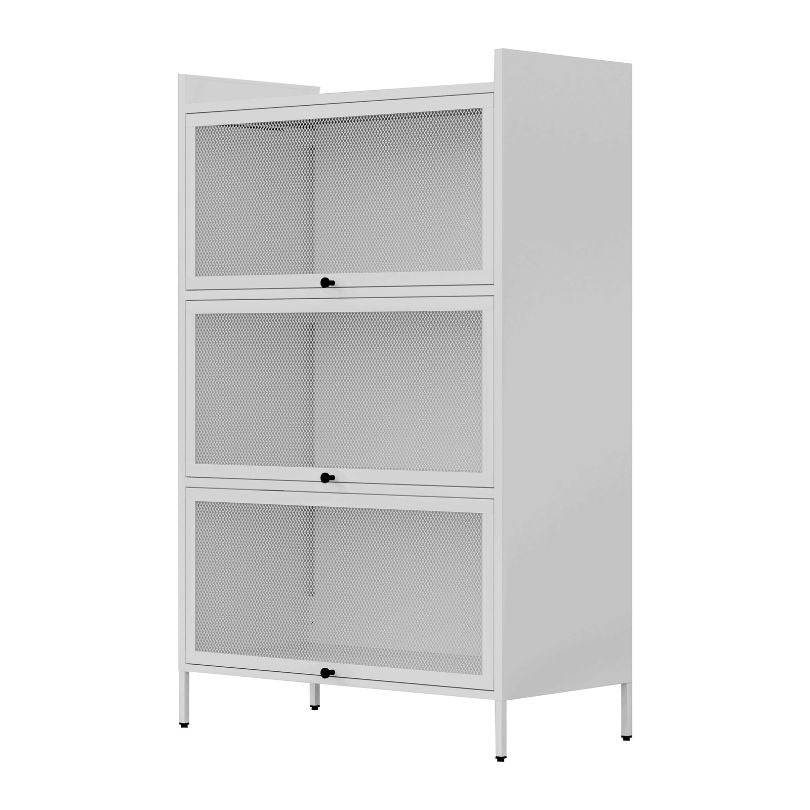 Interior view of the Elegant White Buffet Cabinet displaying organized dishes and silverware.