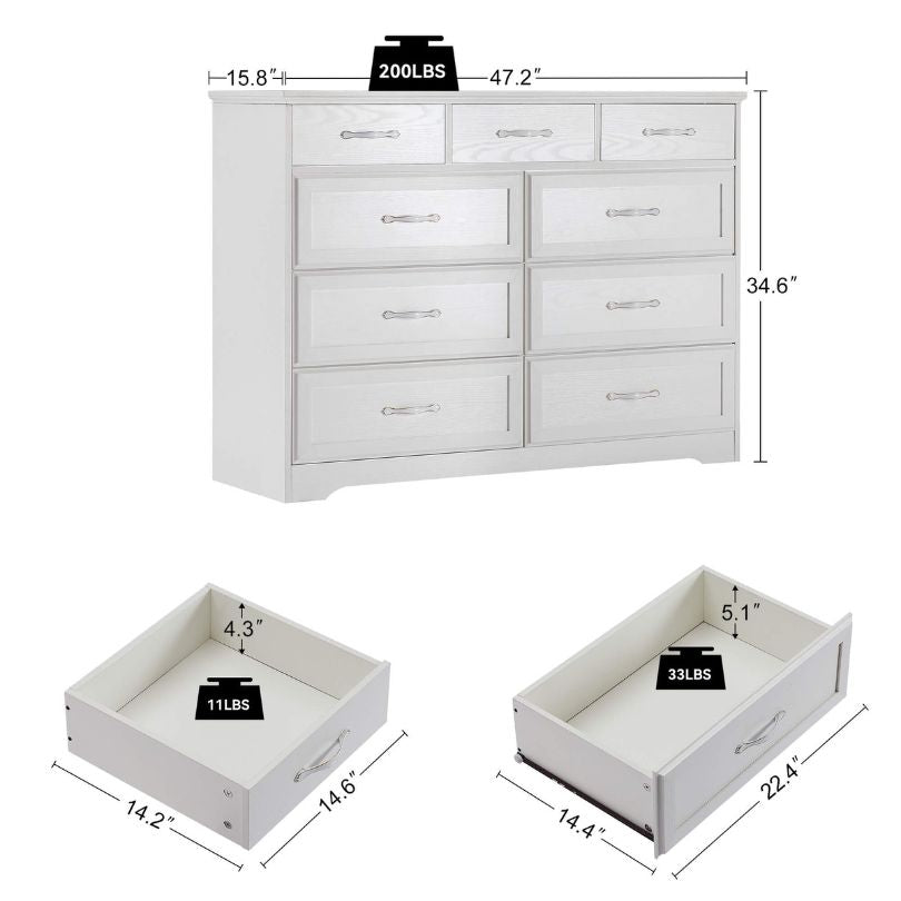 Front angle of white dresser showcasing 9 spacious drawers and antique handles
