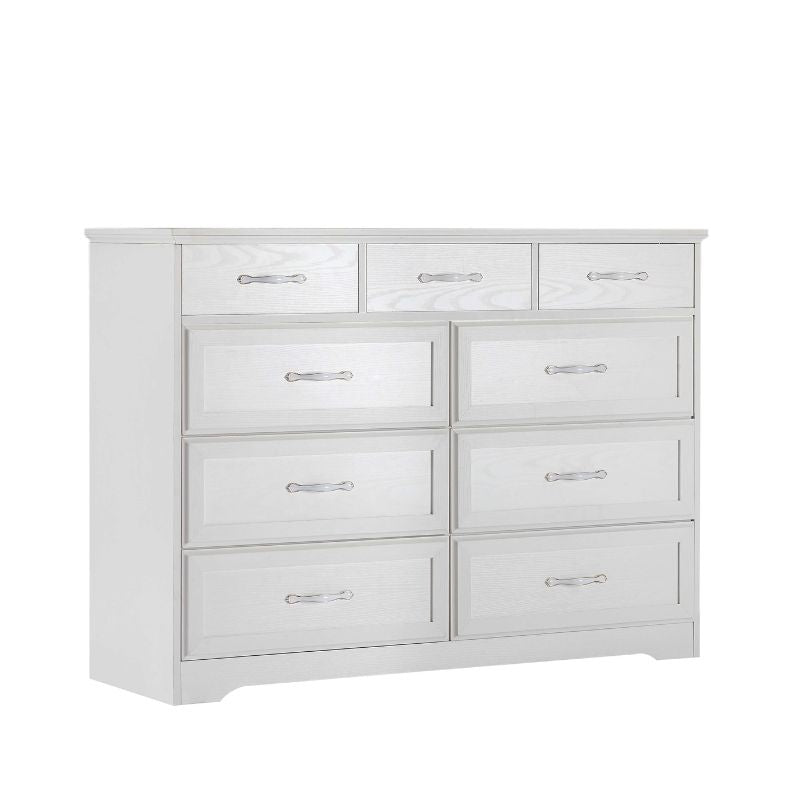 Side view of dresser styled in a classic bedroom with neutral décor