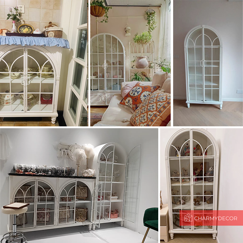 Detailed shot of tempered glass doors and wooden shelving on retro bookcase